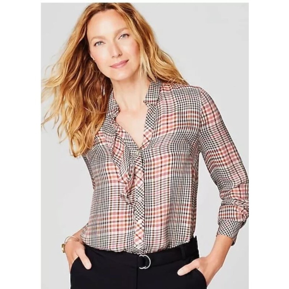 J. Jill Women's Size 1X Shirt Tea Rose‎ Plaid Ruffled Button Front Office Career